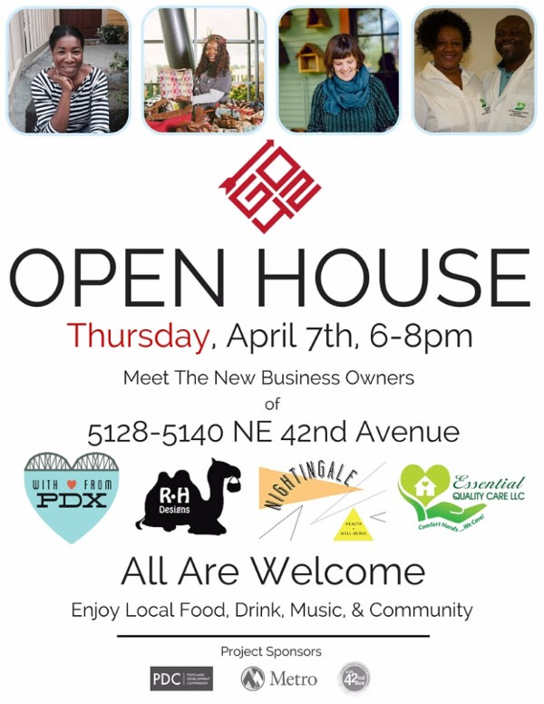GO42 Open House - April 7, 6-8pm. Meet the new business owners of 5128-5140 NE 42nd Ave