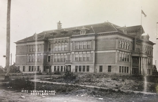 The original Vernon School was destroyed by fire in 1932. This circa 1912 view of the school’s south side is looking north-northwest. The main entrance was on the north side in the center. Photo courtesy of the Oregon Historical Society